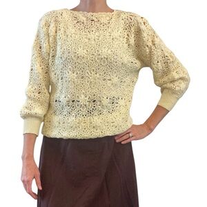 Flair Womens Vintage Yellow Open Knit Crochet Sweater Size Large 3/4 Sleeve